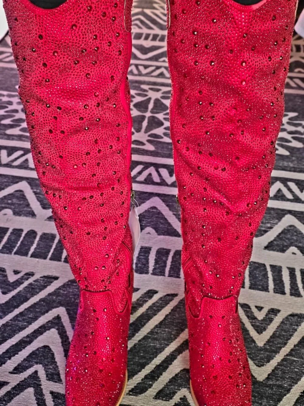 Women’s Red Over the Knee Cowgirl Boots Pointed Toe Thigh High Chunky Heel